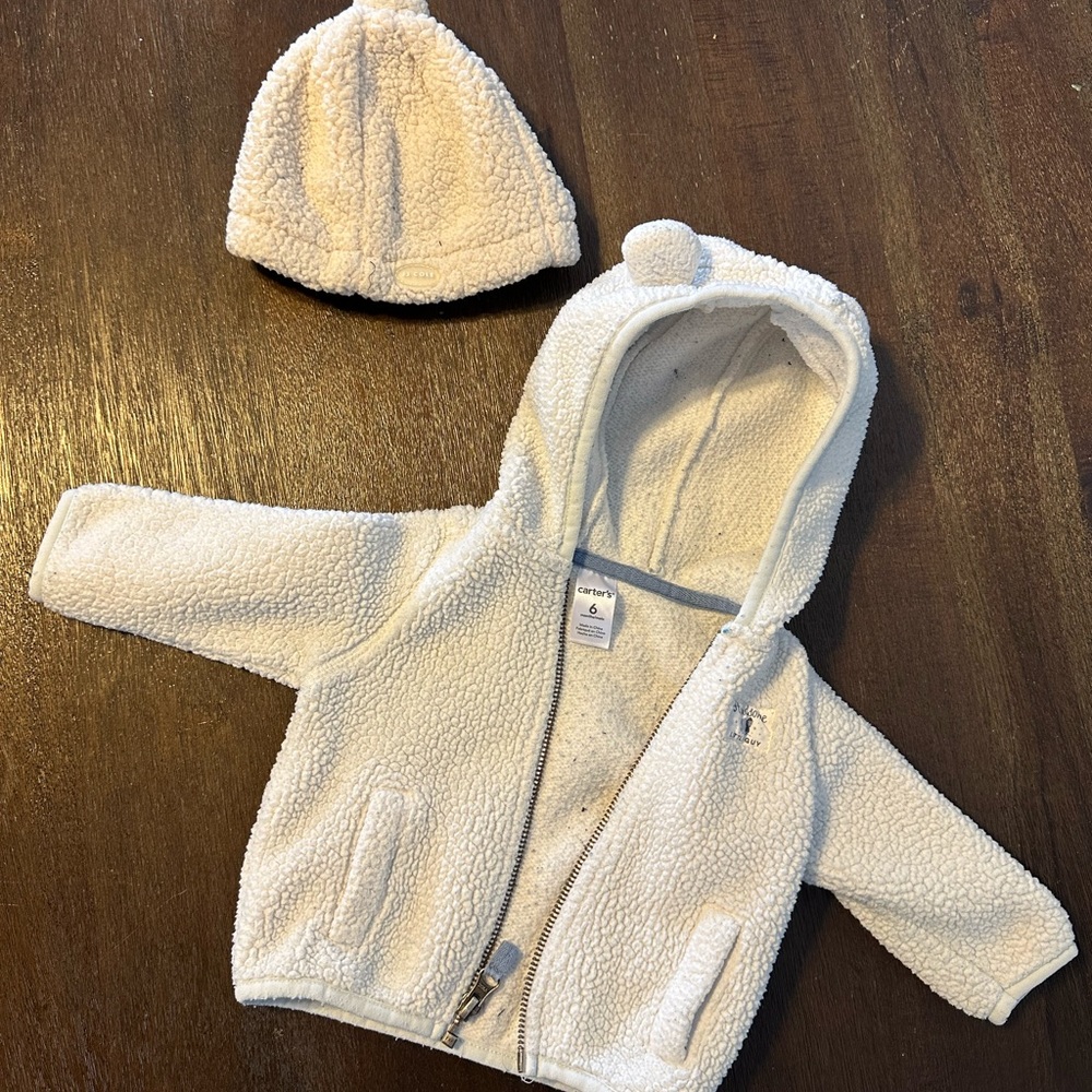 Carters 6 month old boy fleece zip up jacket with hood and beenie